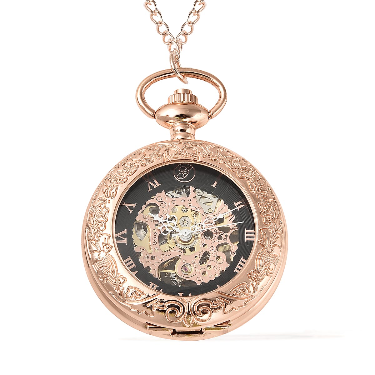 GENOA Automatic Mechanical Movement Skeleton Water Resistant Pocket Watch with Chain (Size 30) and Openable Case in Rose Gold Tone