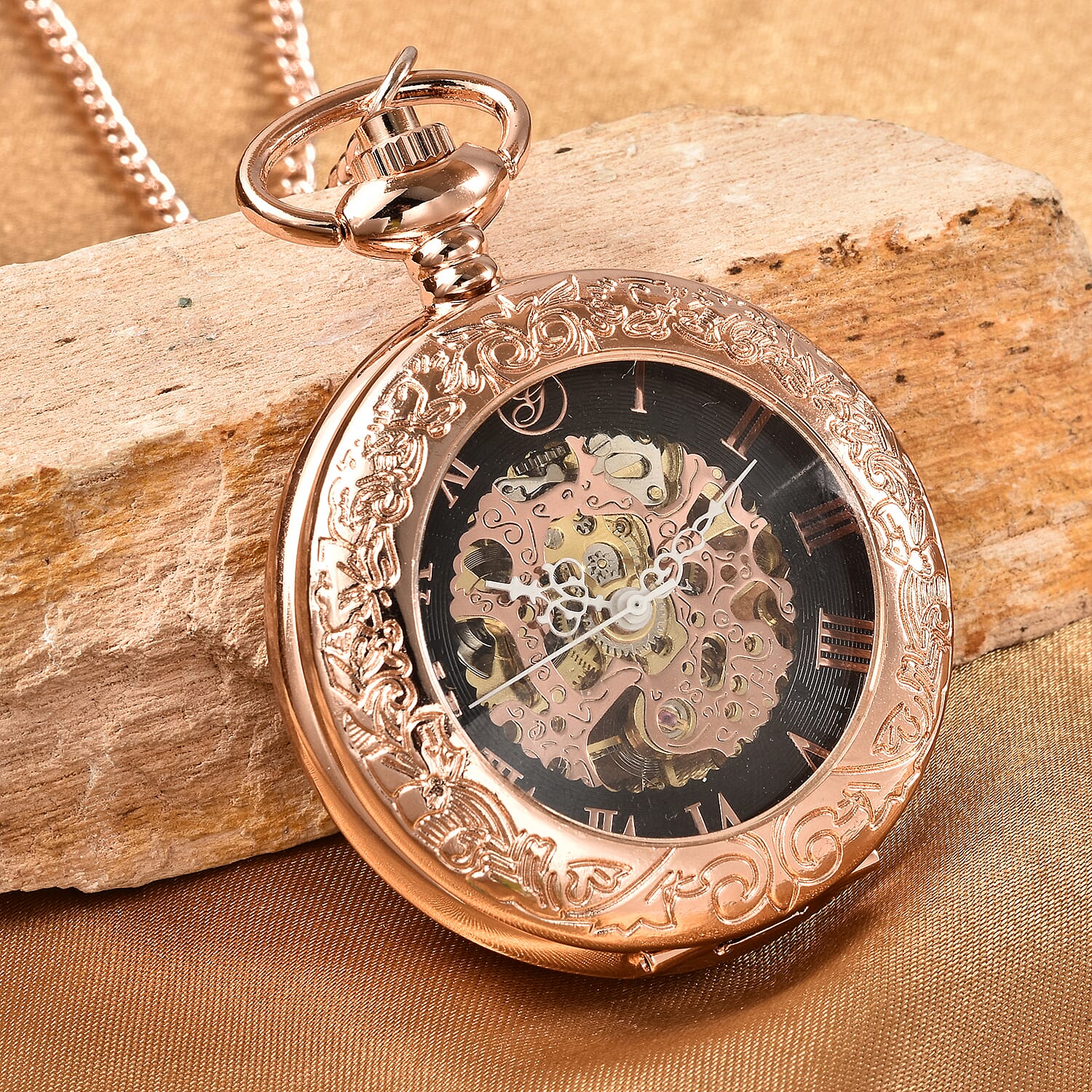 GENOA Automatic Mechanical Movement Skeleton Water Resistant Pocket Watch with Chain (Size 30) and Openable Case in Rose Gold Tone