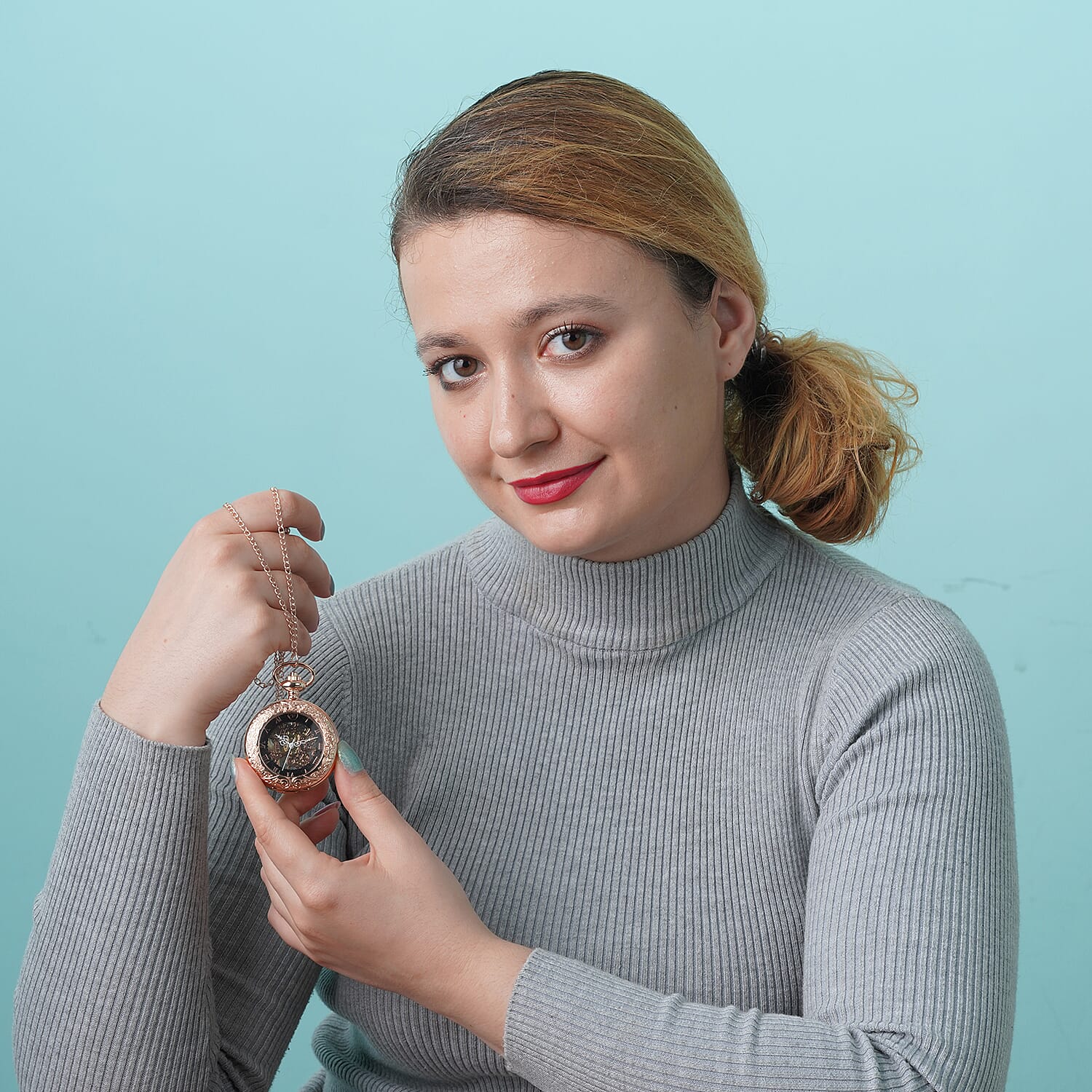 GENOA Automatic Mechanical Movement Skeleton Water Resistant Pocket Watch with Chain (Size 30) and Openable Case in Rose Gold Tone