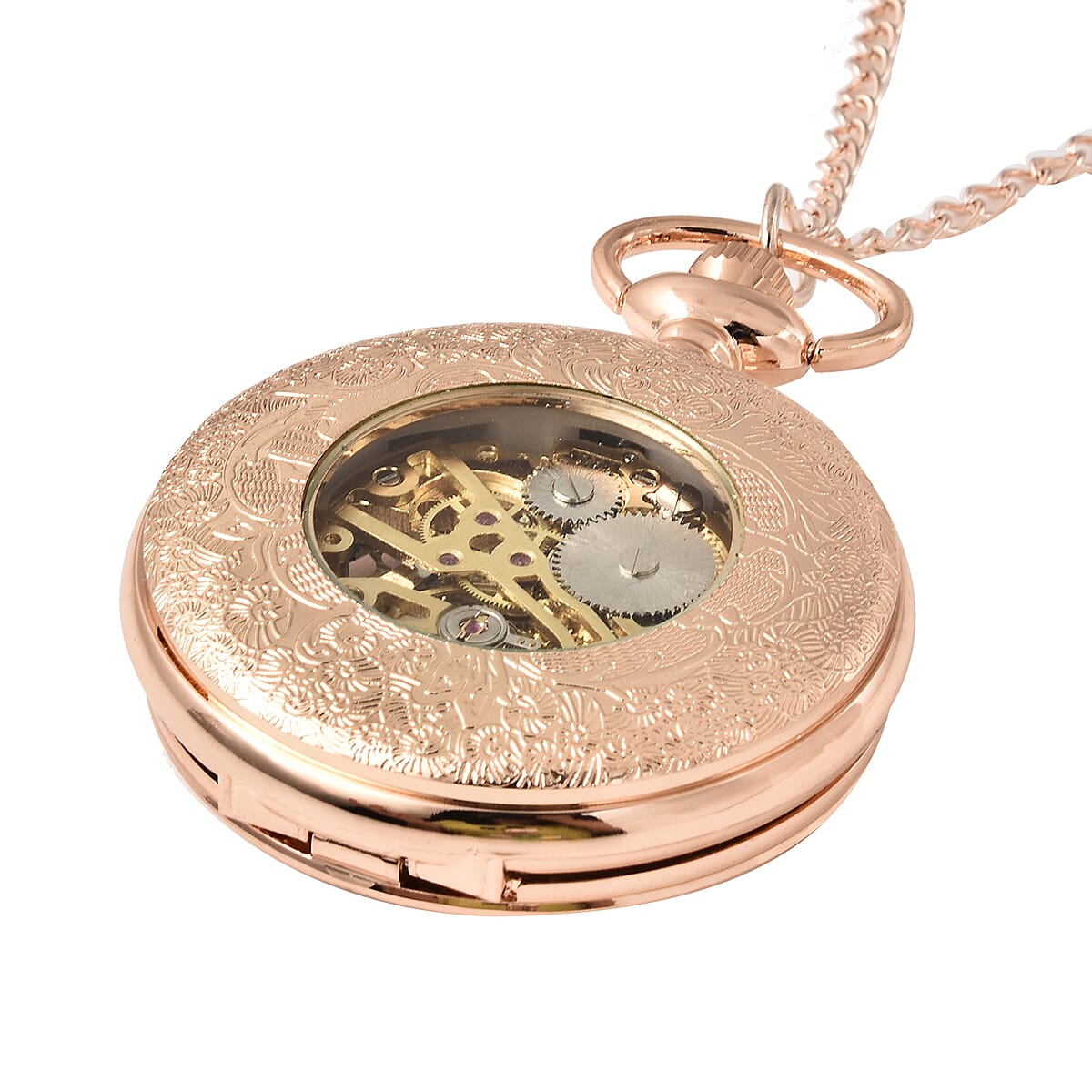 GENOA Automatic Mechanical Movement Skeleton Water Resistant Pocket Watch with Chain (Size 30) and Openable Case in Rose Gold Tone