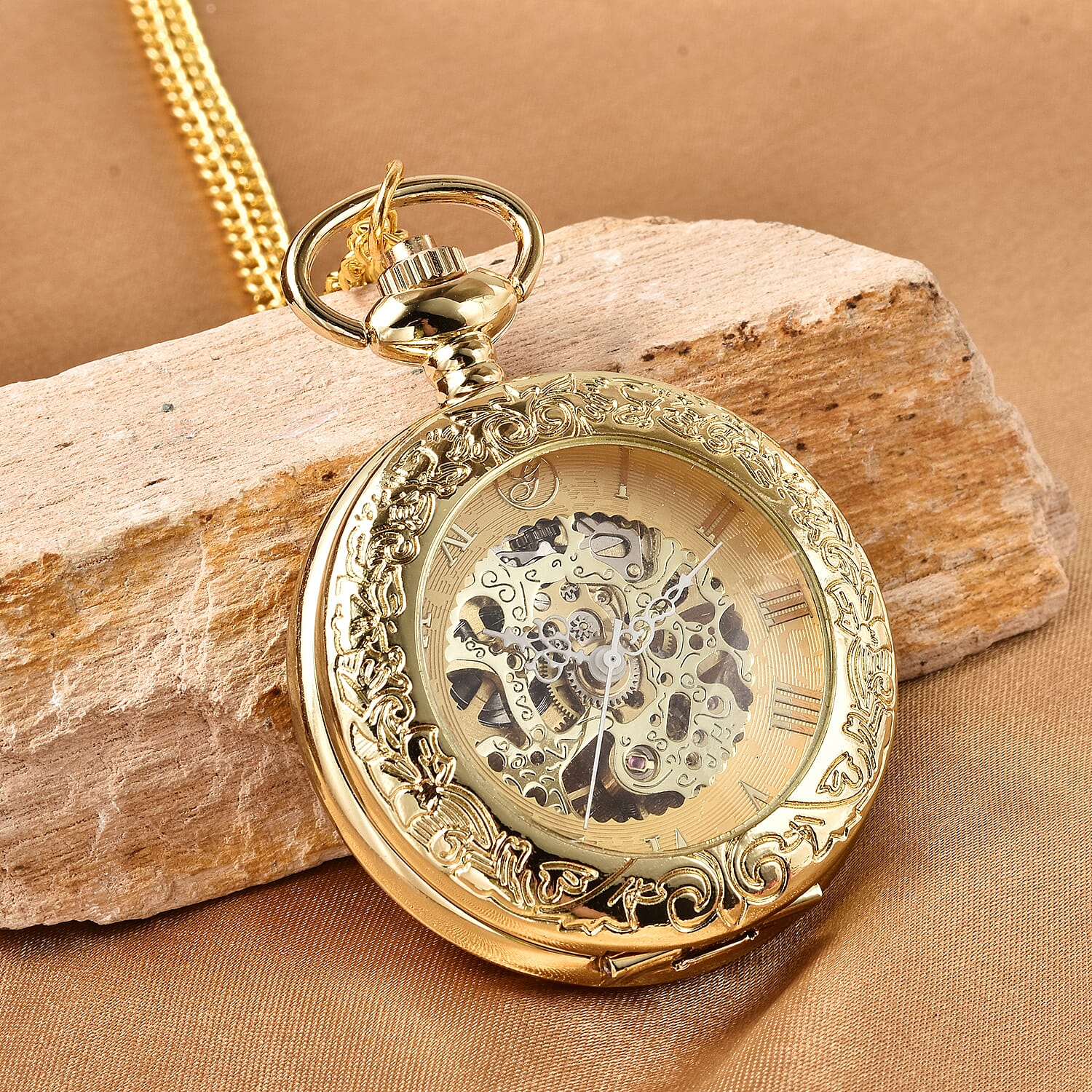 GENOA Automatic Mechanical Movement Skeleton Water Resistant Pocket Watch with Chain (Size 30) and Openable Case in Yellow Gold Tone