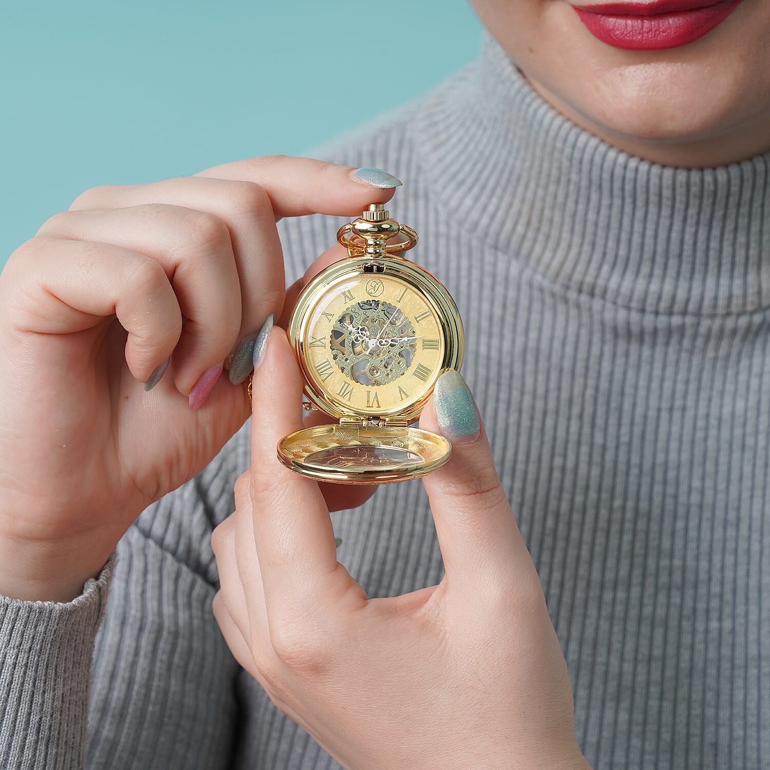 GENOA Automatic Mechanical Movement Skeleton Water Resistant Pocket Watch with Chain (Size 30) and Openable Case in Yellow Gold Tone