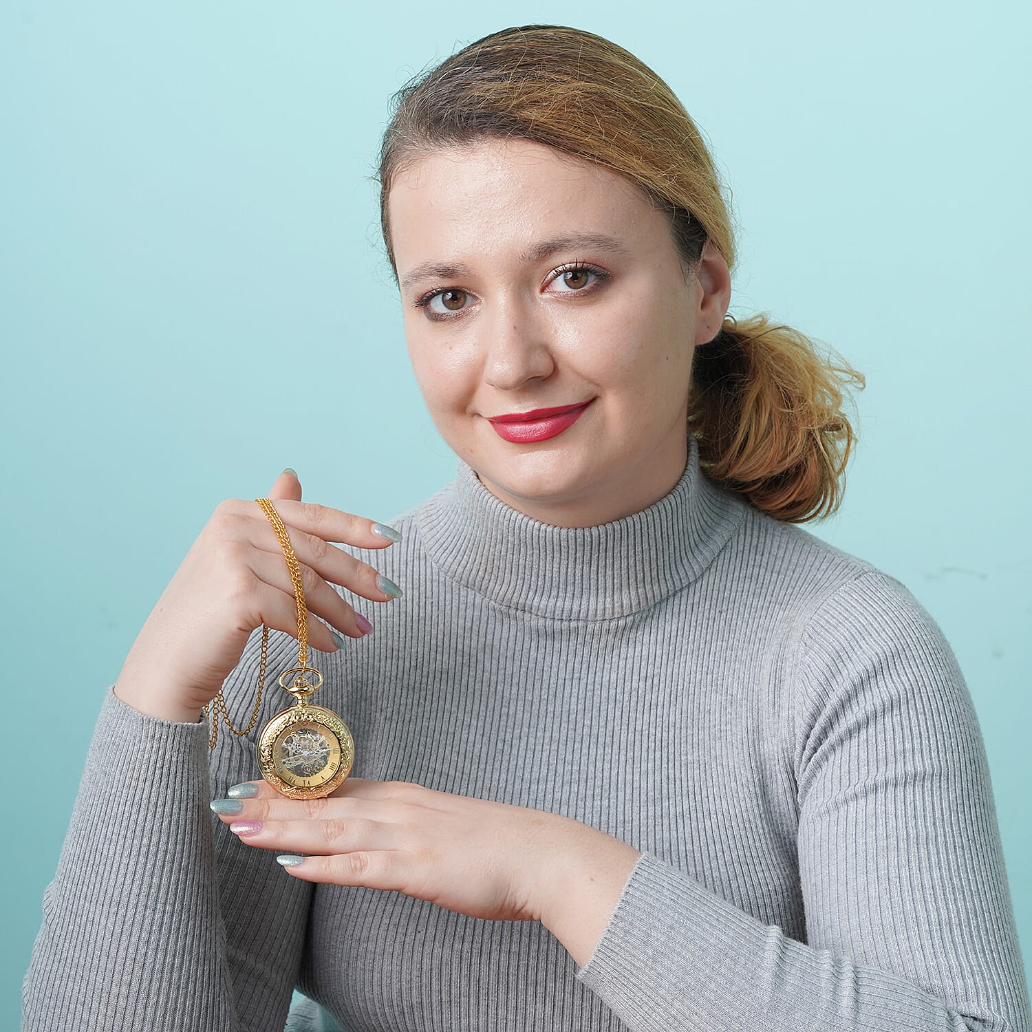 GENOA Automatic Mechanical Movement Skeleton Water Resistant Pocket Watch with Chain (Size 30) and Openable Case in Yellow Gold Tone