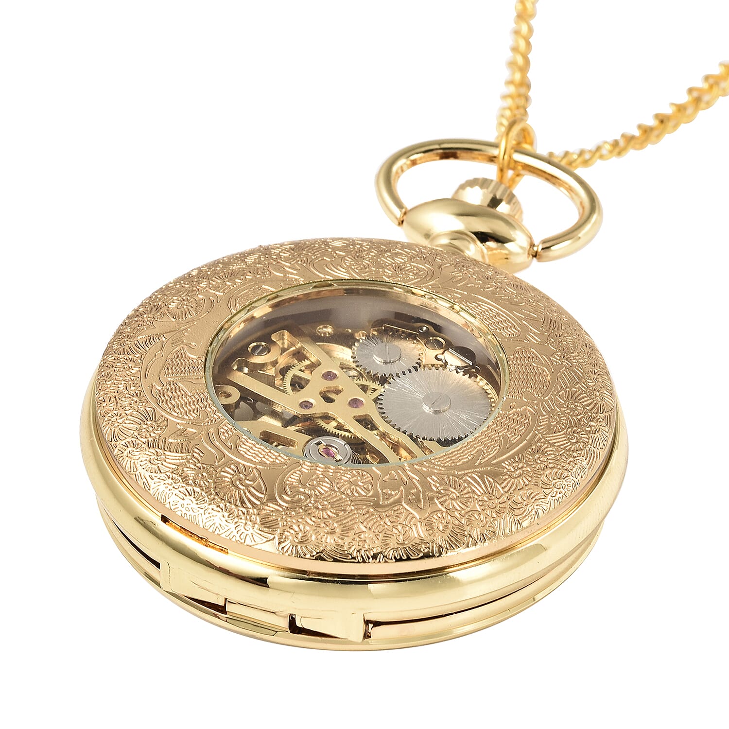 GENOA Automatic Mechanical Movement Skeleton Water Resistant Pocket Watch with Chain (Size 30) and Openable Case in Yellow Gold Tone