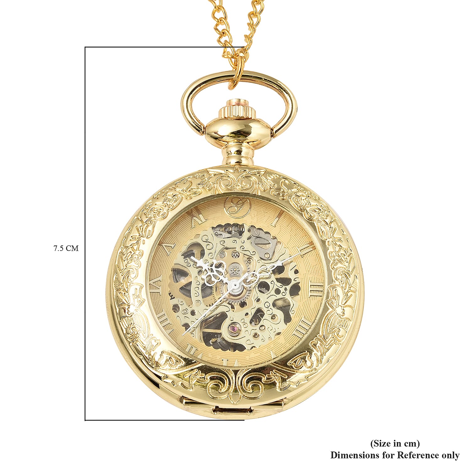GENOA Automatic Mechanical Movement Skeleton Water Resistant Pocket Watch with Chain (Size 30) and Openable Case in Yellow Gold Tone