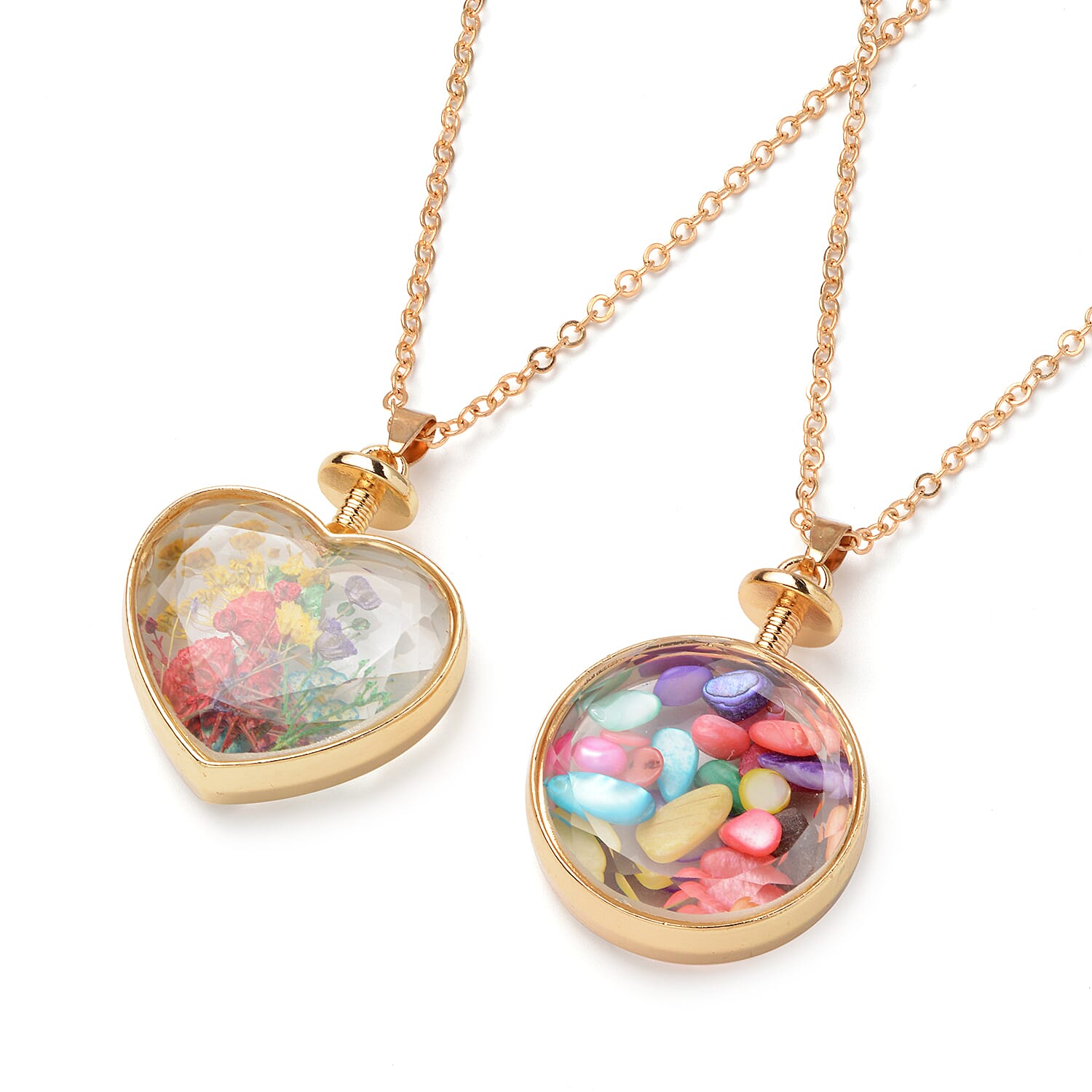 Set of 2 -  Multi Colour Puka Shell and Dry Flower Pendant with Chain (Size 24) in Gold Tone