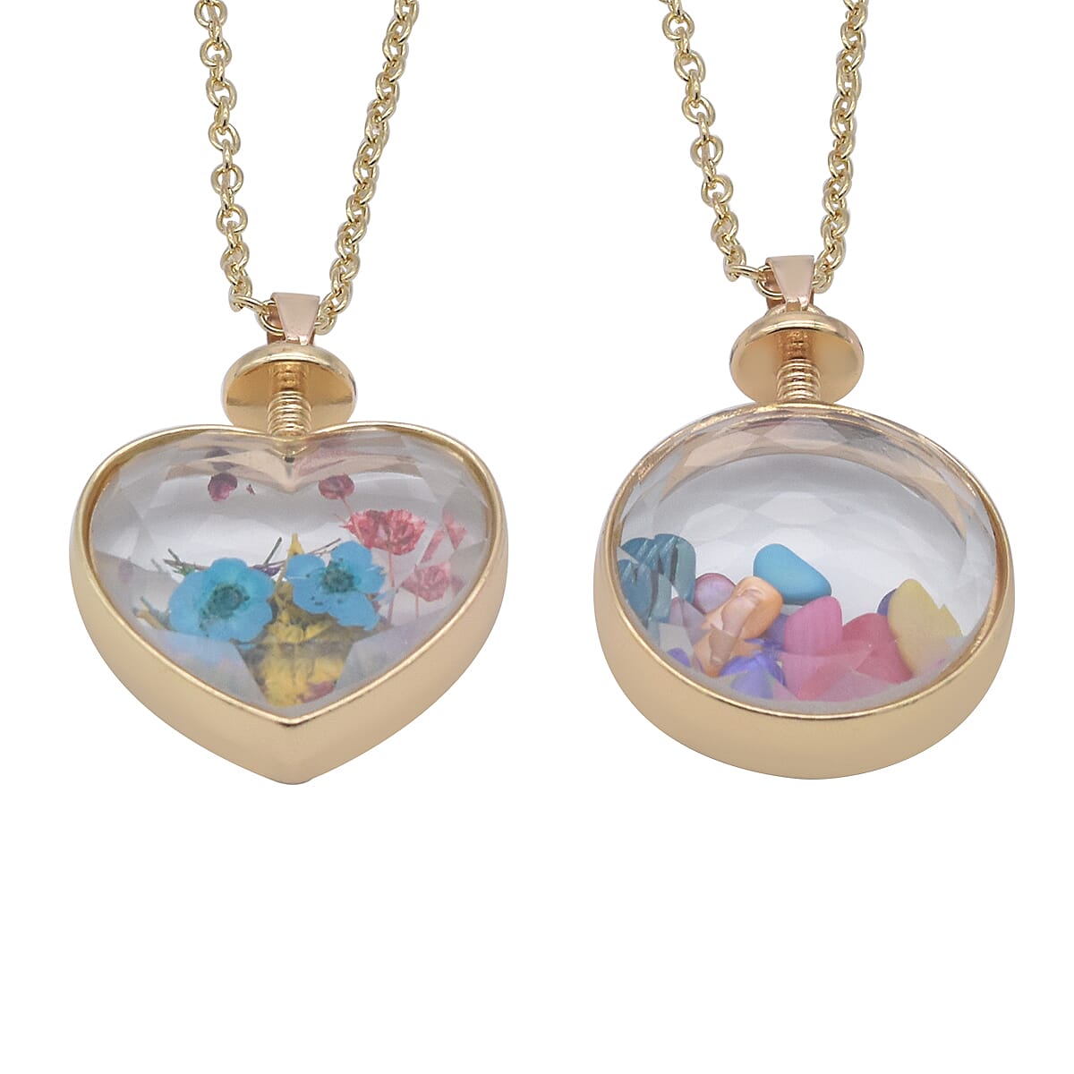 Set of 2 -  Multi Colour Puka Shell and Dry Flower Pendant with Chain (Size 24) in Gold Tone