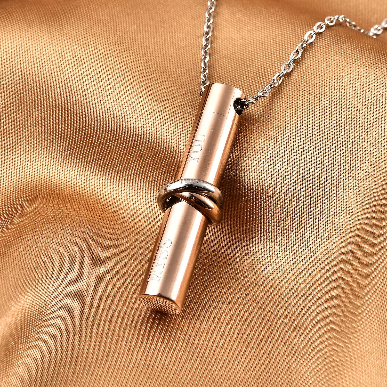 Cylindrical Memorial Pendant with Chain (Size 24) and Funnel in Silver and Rose Gold Tone