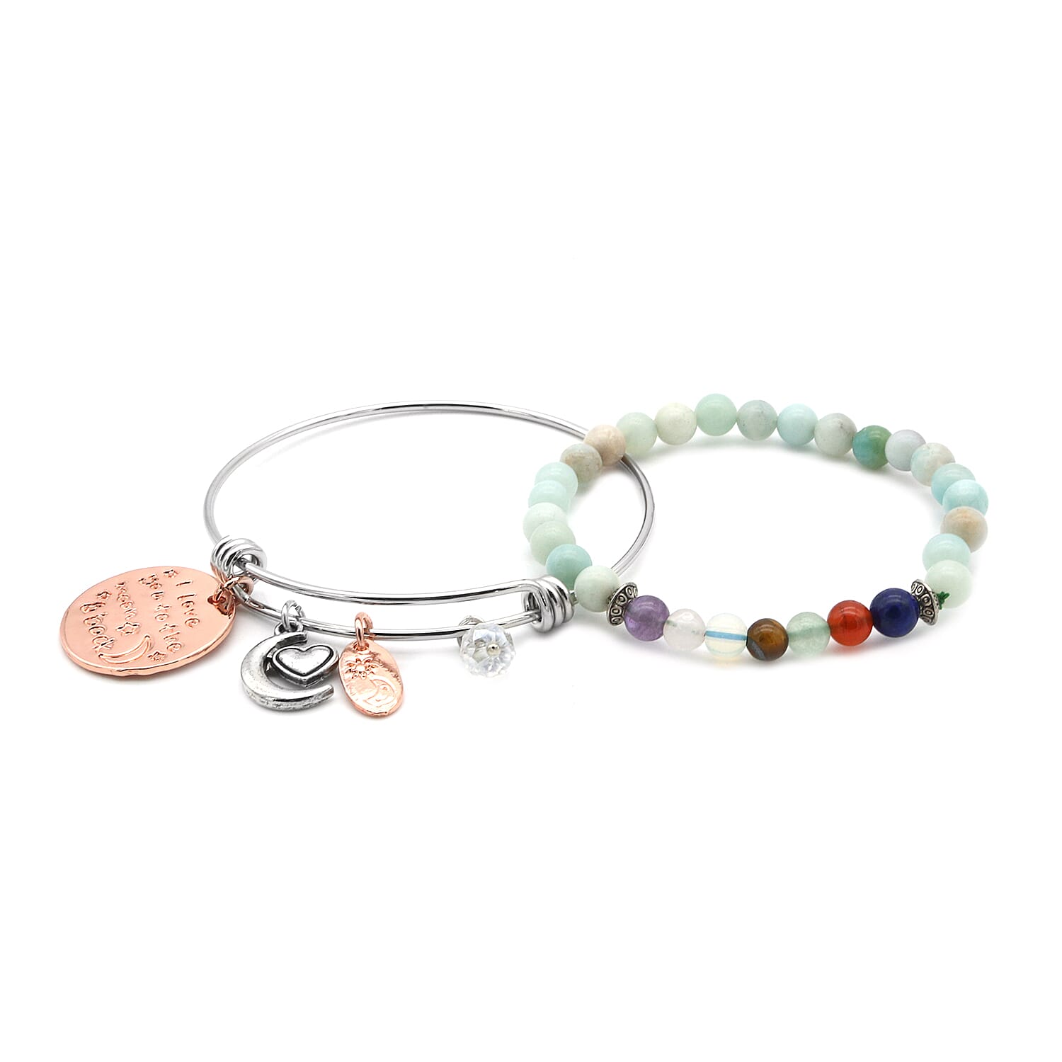 2 Piece Set -  Opalite, Multi Gemstone & Simulated Diamond Stretchable Beads Bracelet and Charm Bangle (Size 7.5) in Silver Tone 47.00 Ct.