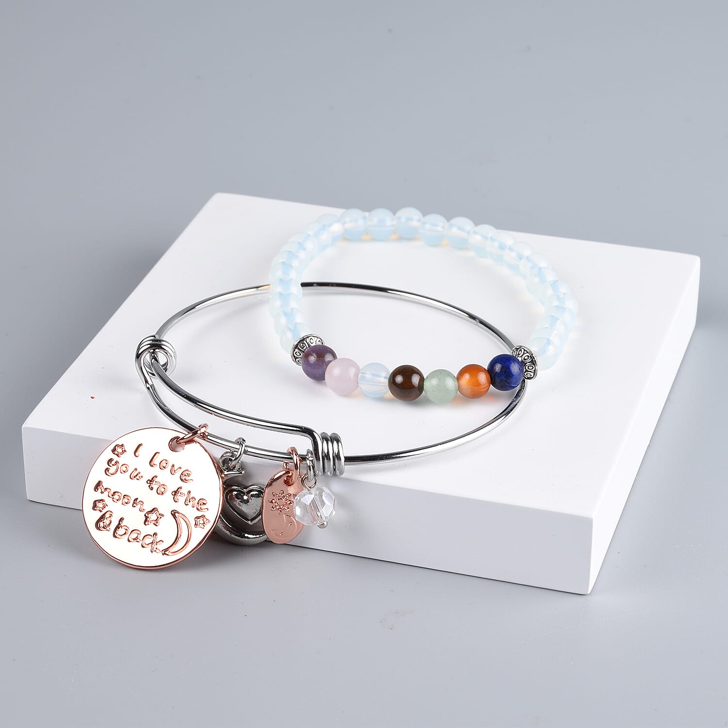 2 Piece Set -  Opalite, Multi Gemstone & Simulated Diamond Stretchable Beads Bracelet and Charm Bangle (Size 7.5) in Silver Tone 47.00 Ct.
