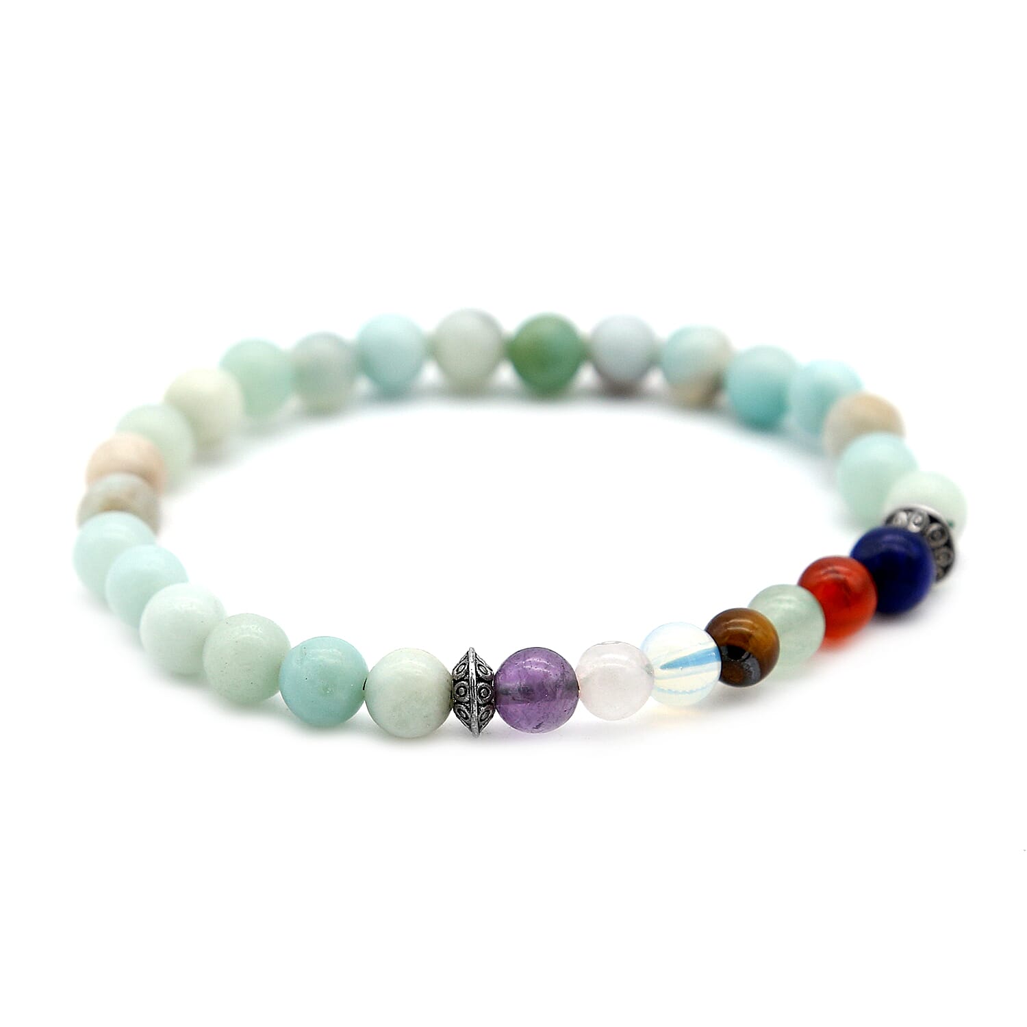 2 Piece Set -  Opalite, Multi Gemstone & Simulated Diamond Stretchable Beads Bracelet and Charm Bangle (Size 7.5) in Silver Tone 47.00 Ct.