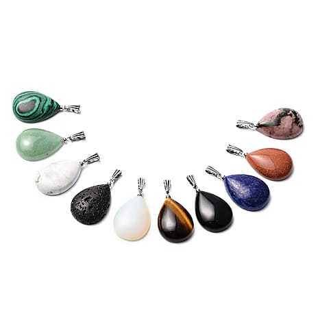 Set of 10 - White Howlite, Rhodonite, Green Aventurine, Yellow Tiger and Multi Gemstones Pendant in Silver Tone