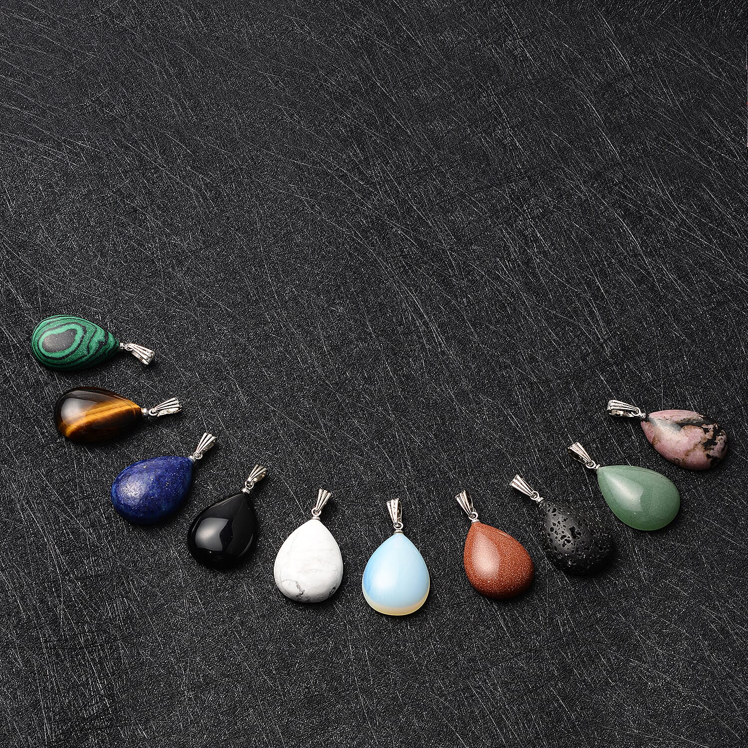 Set of 10 - White Howlite, Rhodonite, Green Aventurine, Yellow Tiger and Multi Gemstones Pendant in Silver Tone