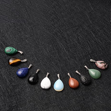 Set of 10 - White Howlite, Rhodonite, Green Aventurine, Yellow Tiger and Multi Gemstones Pendant in Silver Tone