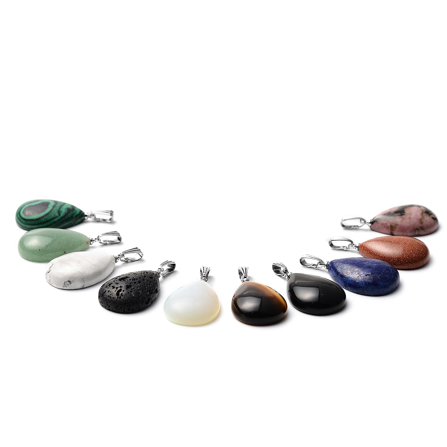 Set of 10 - White Howlite, Rhodonite, Green Aventurine, Yellow Tiger and Multi Gemstones Pendant in Silver Tone
