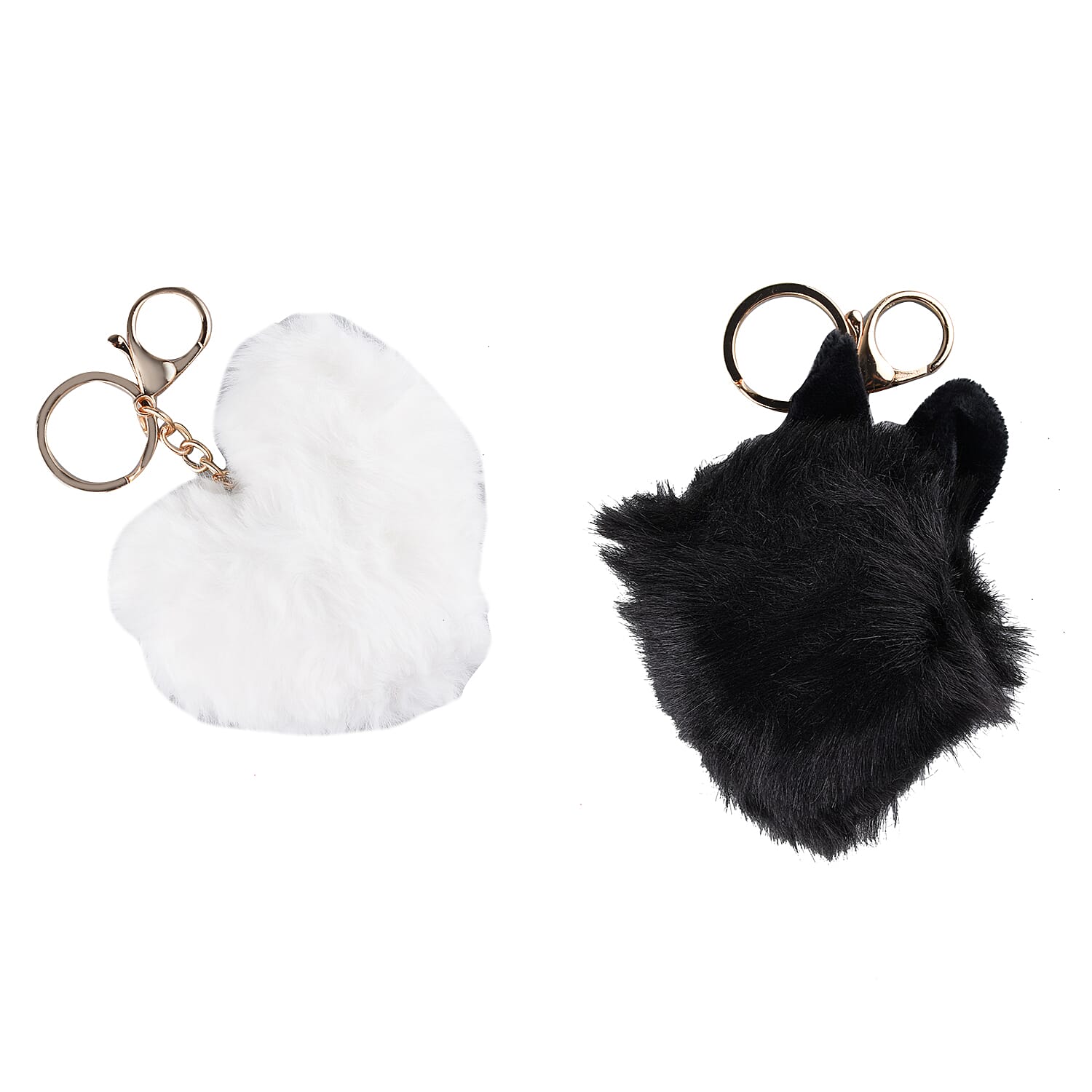 Set of 2 - Multi Purpose Fluffy Fur Ear and Heart Keychain - Black and White