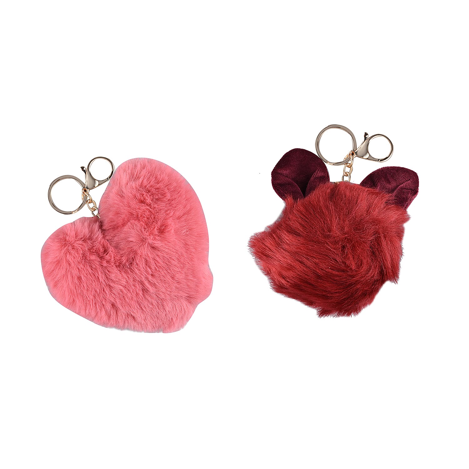 Set of 2 - Multi Purpose Fluffy Fur Ear and Heart Keychain - Wine Red and Pink