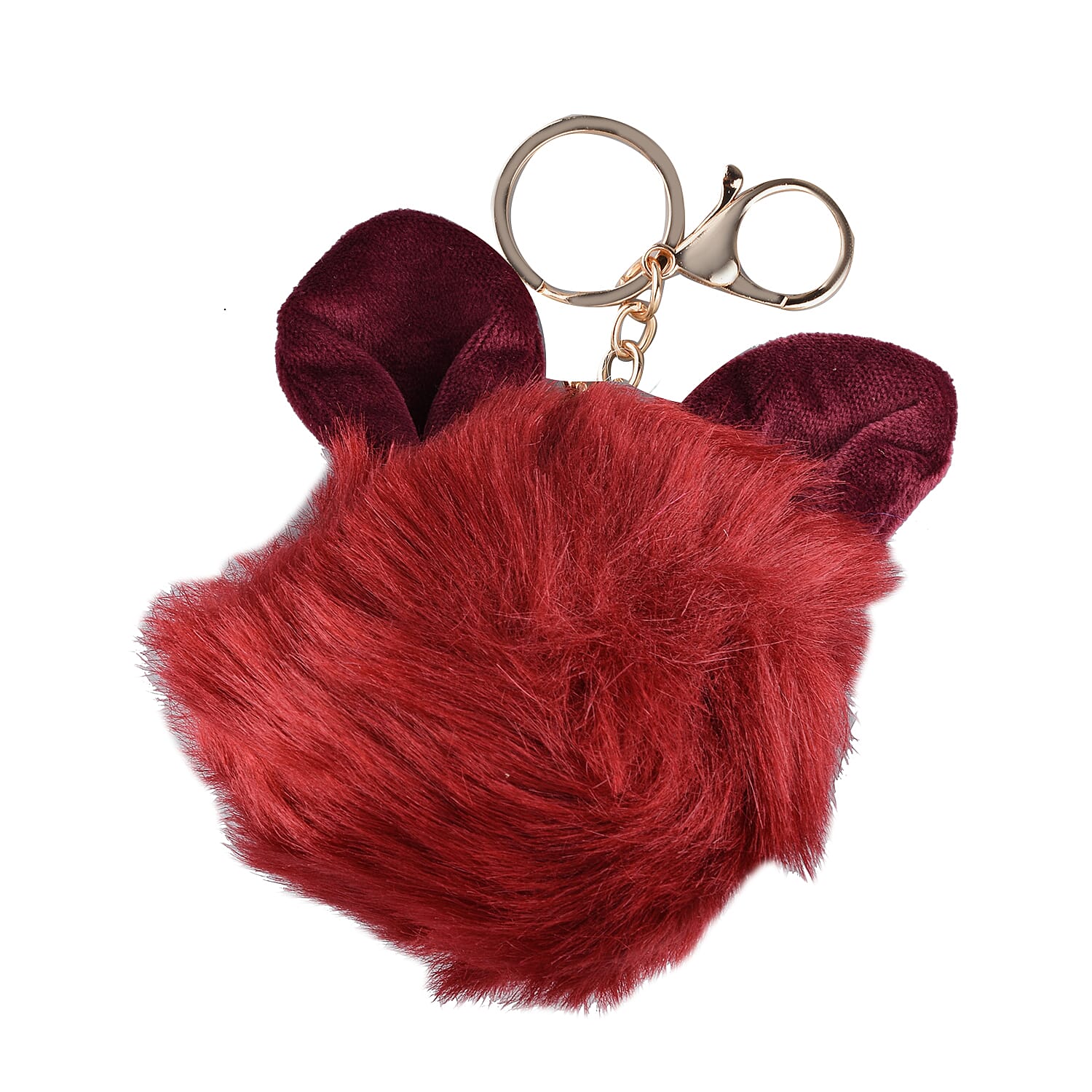 Set of 2 - Multi Purpose Fluffy Fur Ear and Heart Keychain - Wine Red and Pink