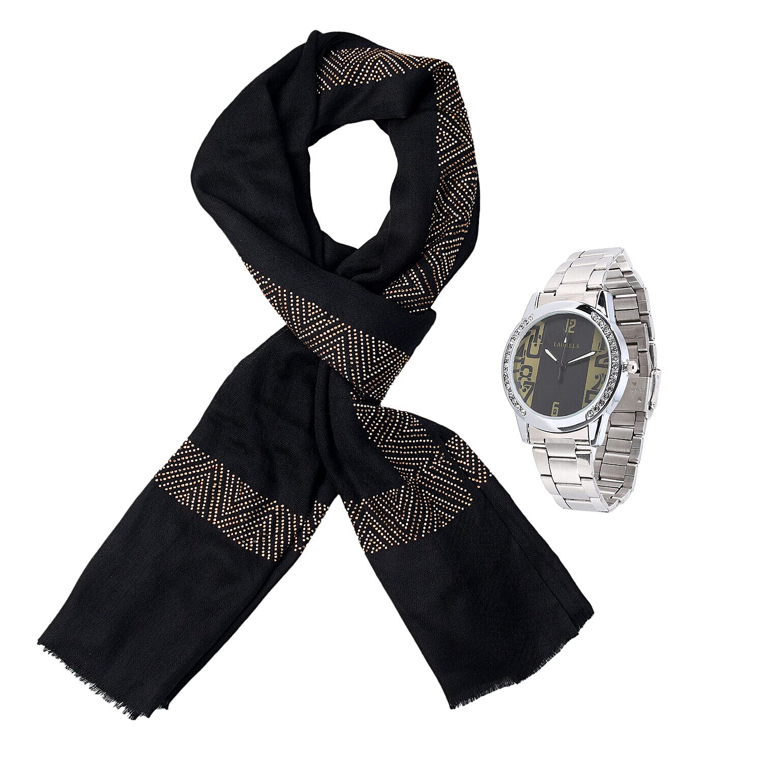 2 Piece Set - Merino Wool Scarf (200x60) Silk Embroidery and Wrist Watch in a Gift Box - Black