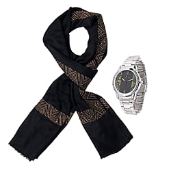 2 Piece Set - Merino Woolen Stole (200x60) and Rhinestone Wrist Watch in a Gift Box - Black