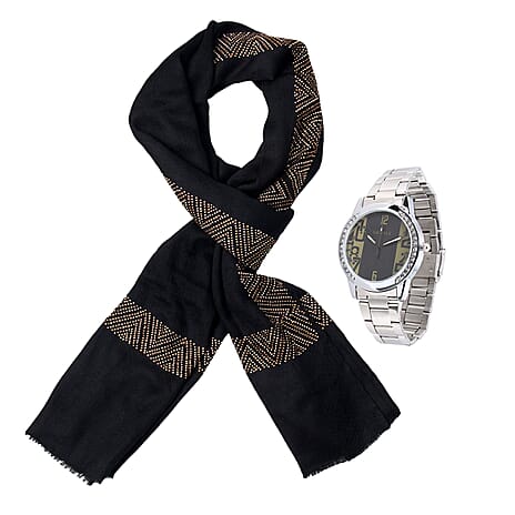 2 Piece Set - Merino Wool Scarf (200x60) Silk Embroidery and Wrist Watch in a Gift Box - Black