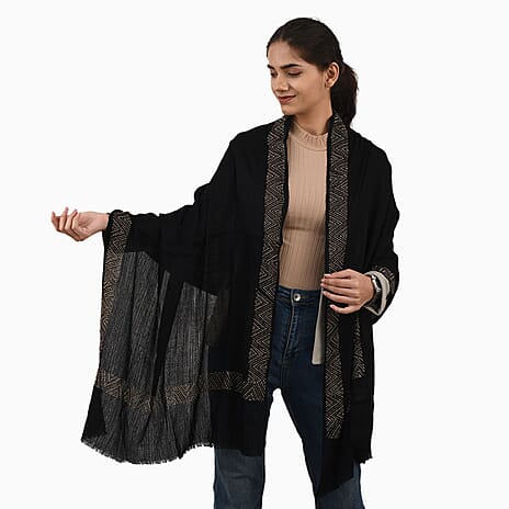 2 Piece Set - Merino Wool - Silk Scarf (200x60) and Watch in a Gift Box - Black