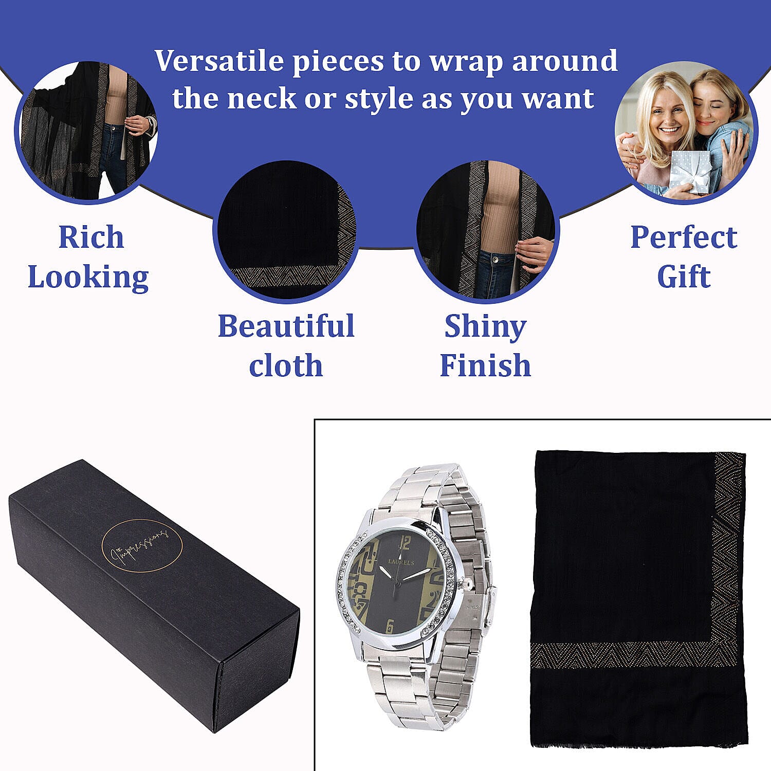 2 Piece Set - Merino Wool Scarf (200x60) Silk Embroidery and Wrist Watch in a Gift Box - Black