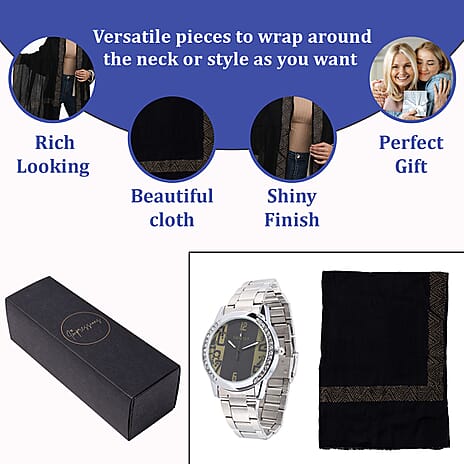 2 Piece Set - Merino Wool - Silk Scarf (200x60) and Watch in a Gift Box - Black