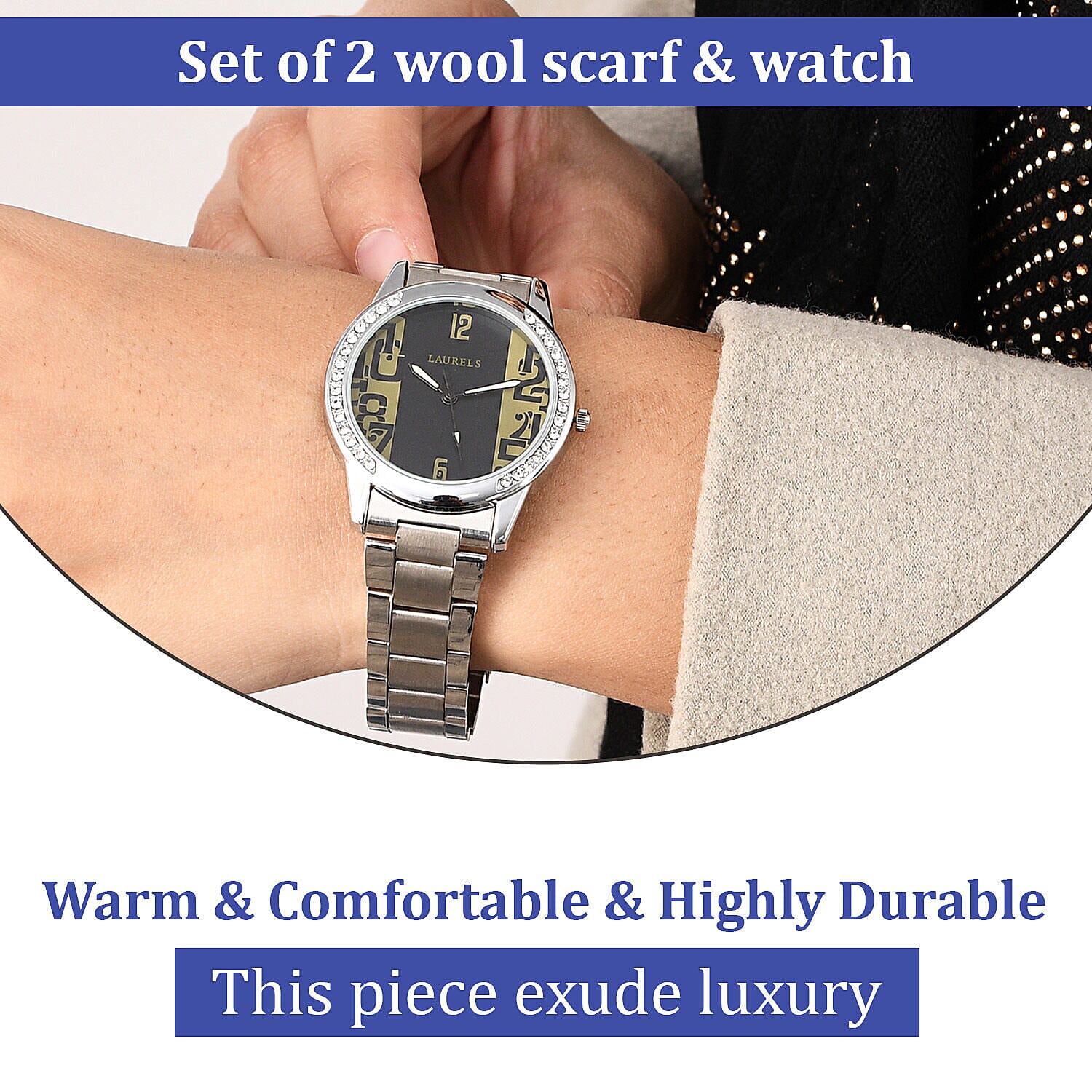 2 Piece Set - Merino Wool Scarf (200x60) Silk Embroidery and Wrist Watch in a Gift Box - Black