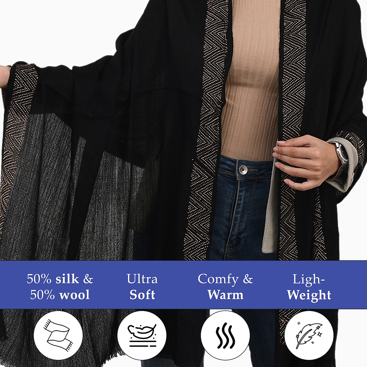 2 Piece Set - Merino Wool - Silk Scarf (200x60) and Watch in a Gift Box - Black