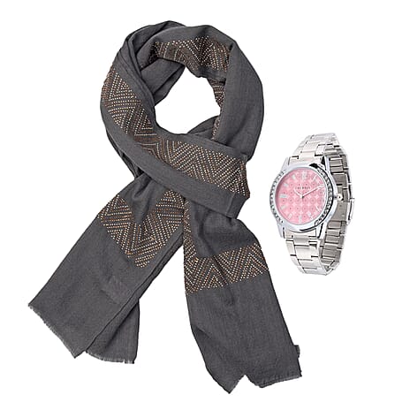 2 Piece Set - Merino Wool Scarf with SIlk Embroidery (200x60) and Wrist Watch in a Gift Box - Grey and Pink