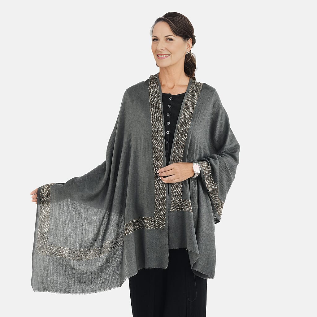 2 Piece Set - Merino Wool Scarf with SIlk Embroidery (200x60) and Wrist Watch in a Gift Box - Grey and Pink