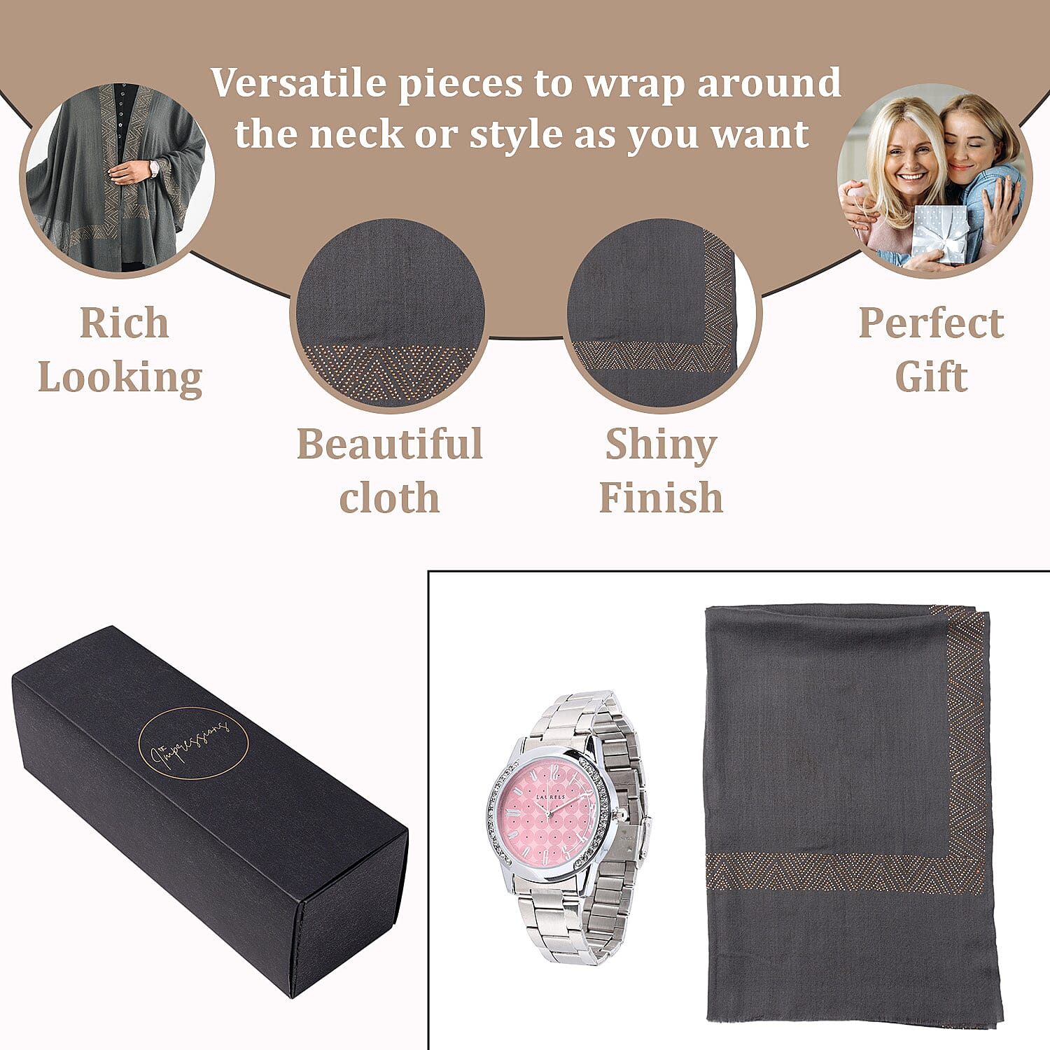 2 Piece Set - Merino Wool Scarf with SIlk Embroidery (200x60) and Wrist Watch in a Gift Box - Grey and Pink