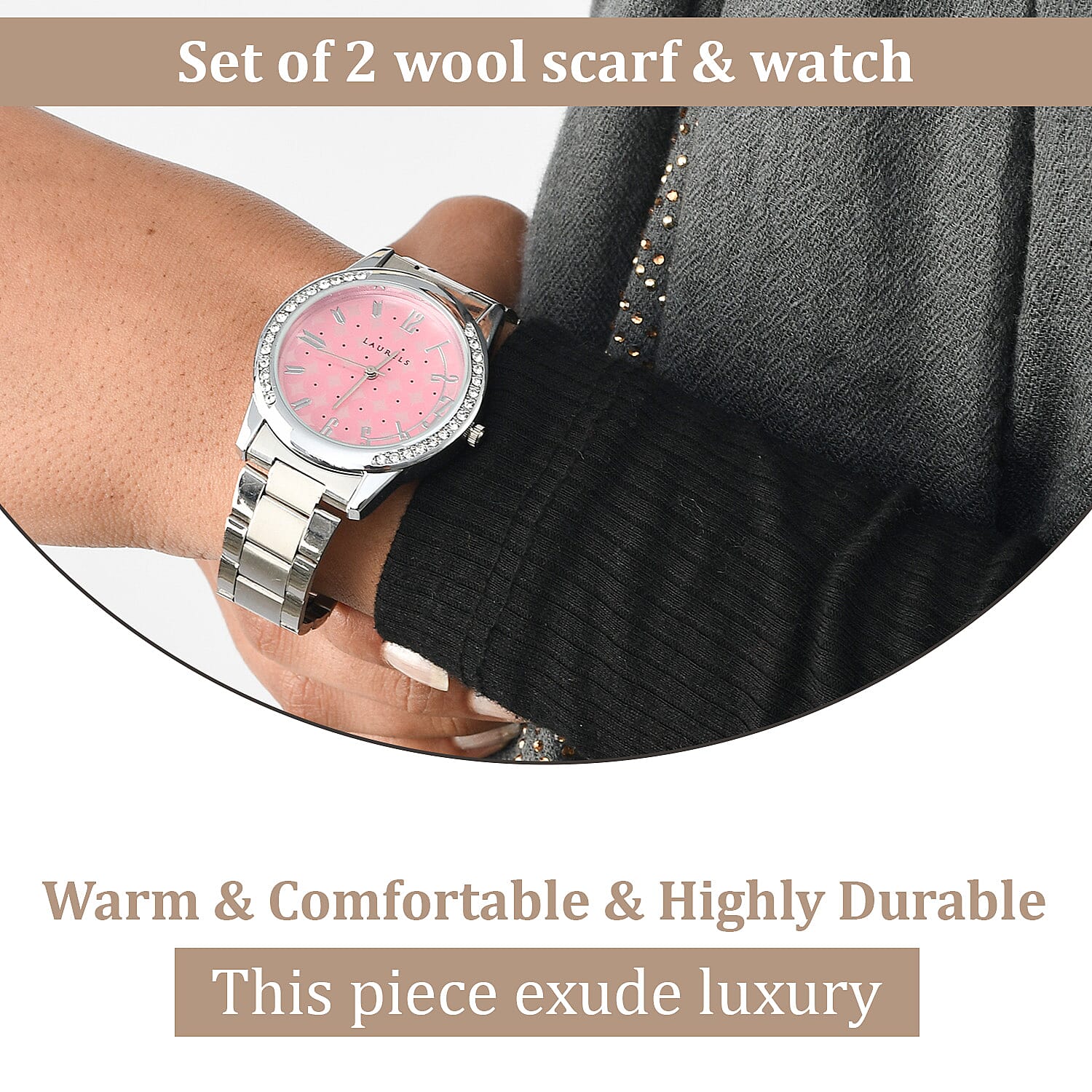2 Piece Set - Merino Wool Scarf with SIlk Embroidery (200x60) and Wrist Watch in a Gift Box - Grey and Pink