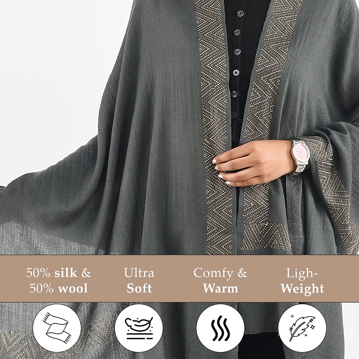 2 Piece Set - Merino Wool Scarf with SIlk Embroidery (200x60) and Wrist Watch in a Gift Box - Grey and Pink