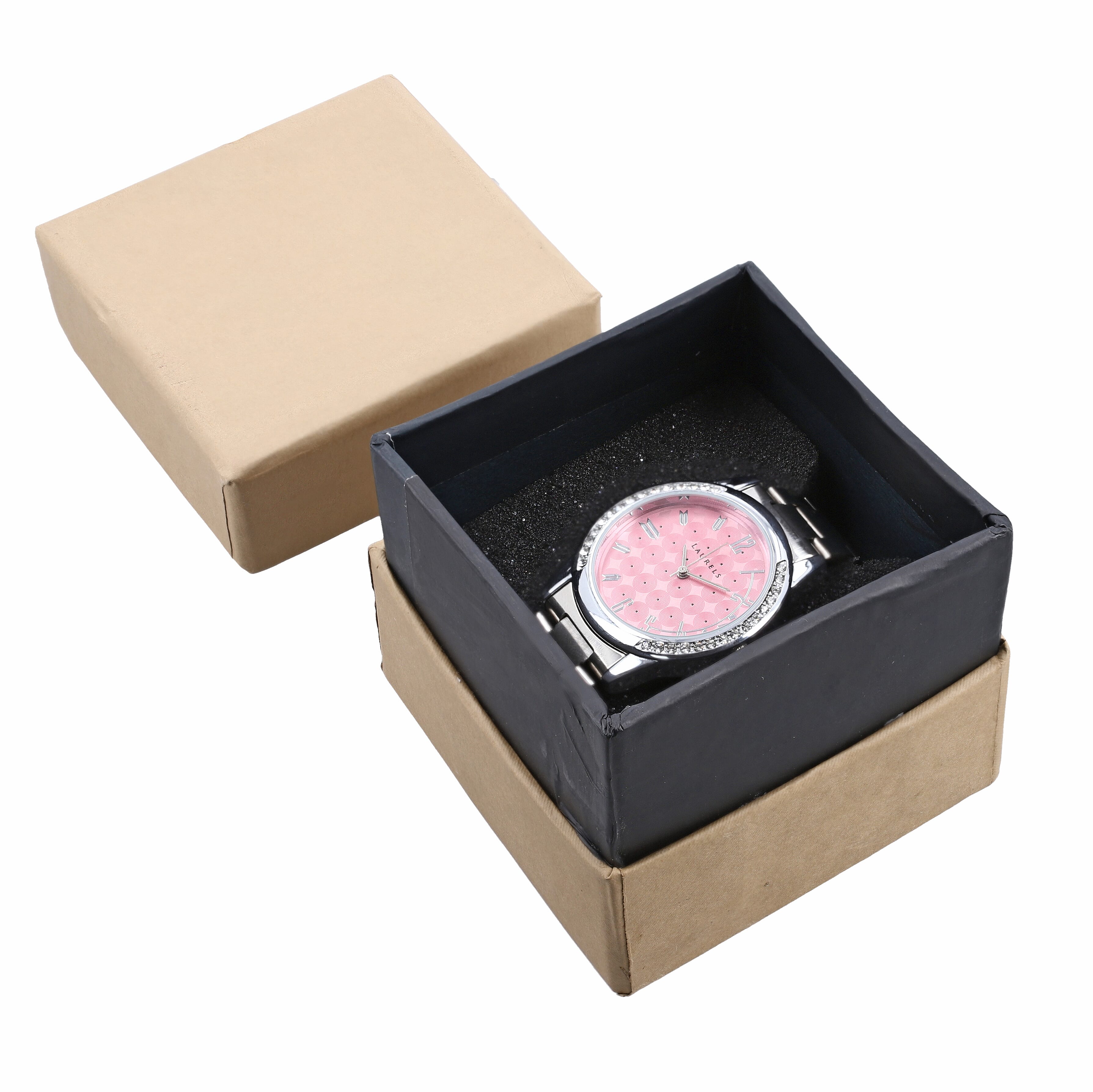 2 Piece Set - Merino Wool Scarf with SIlk Embroidery (200x60) and Wrist Watch in a Gift Box - Grey and Pink