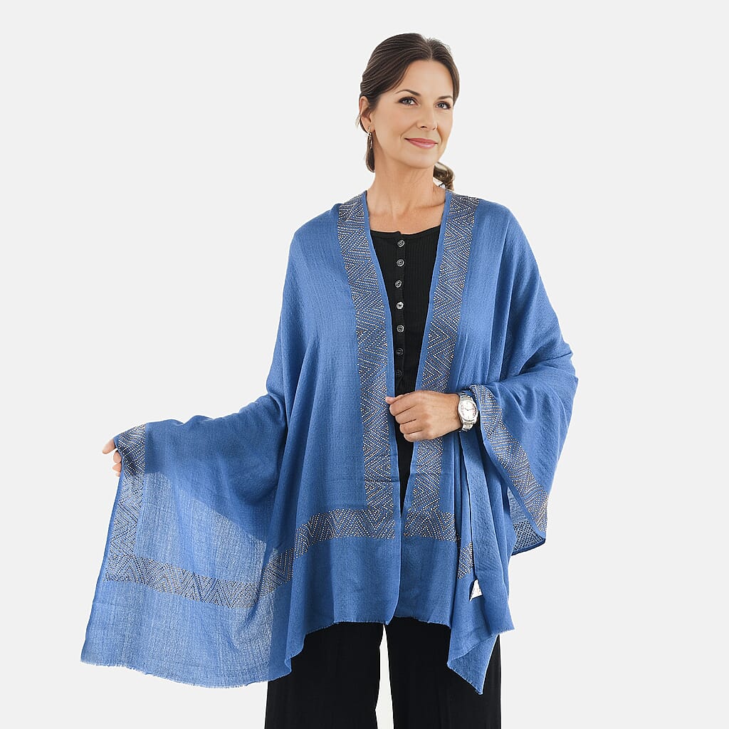 2 Piece Set - Merino Wool Scarf with SIlk Embroidery (200x60) and Rhinestone Wrist Watch in a Gift Box - Blue