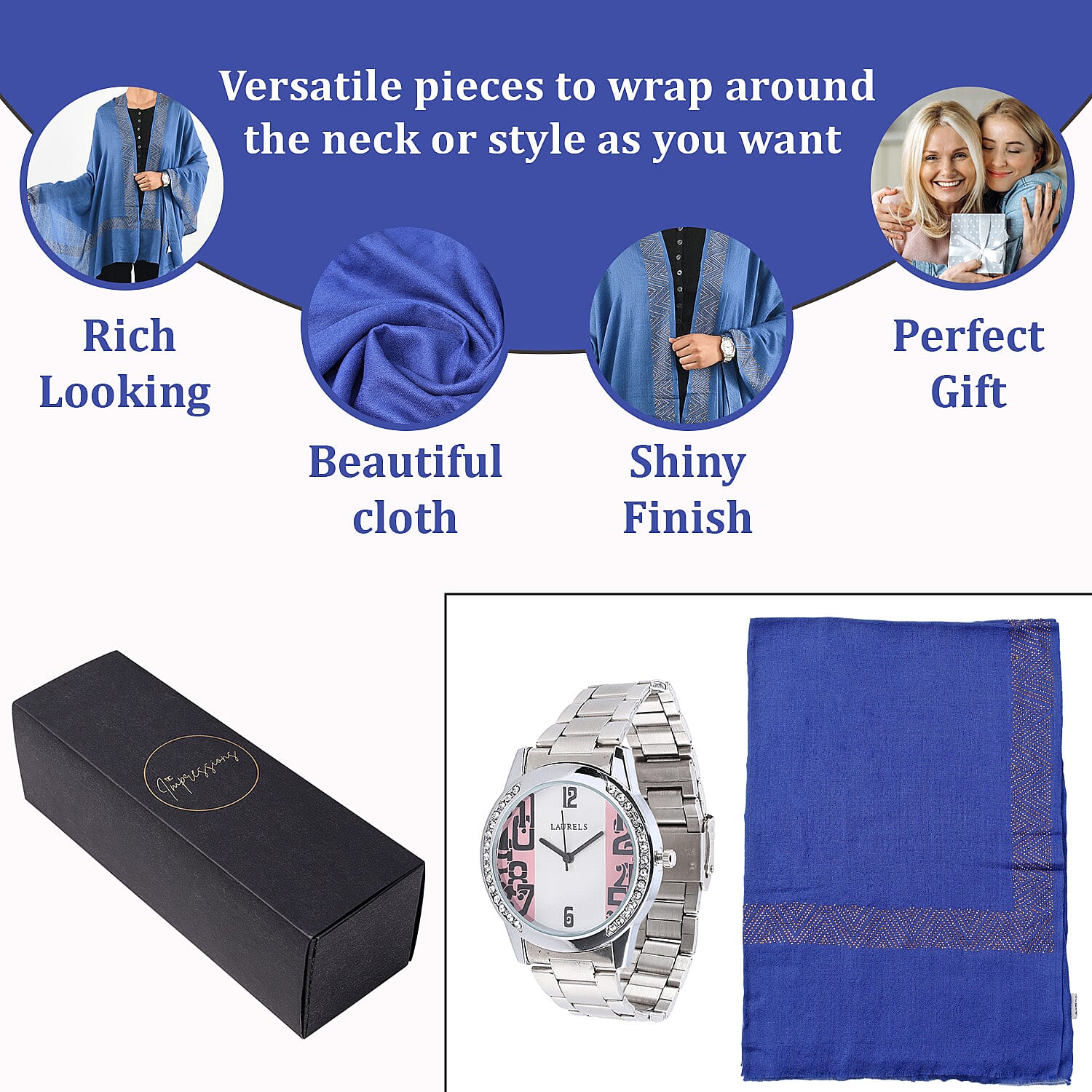 2 Piece Set - Merino Wool Scarf with SIlk Embroidery (200x60) and Rhinestone Wrist Watch in a Gift Box - Blue