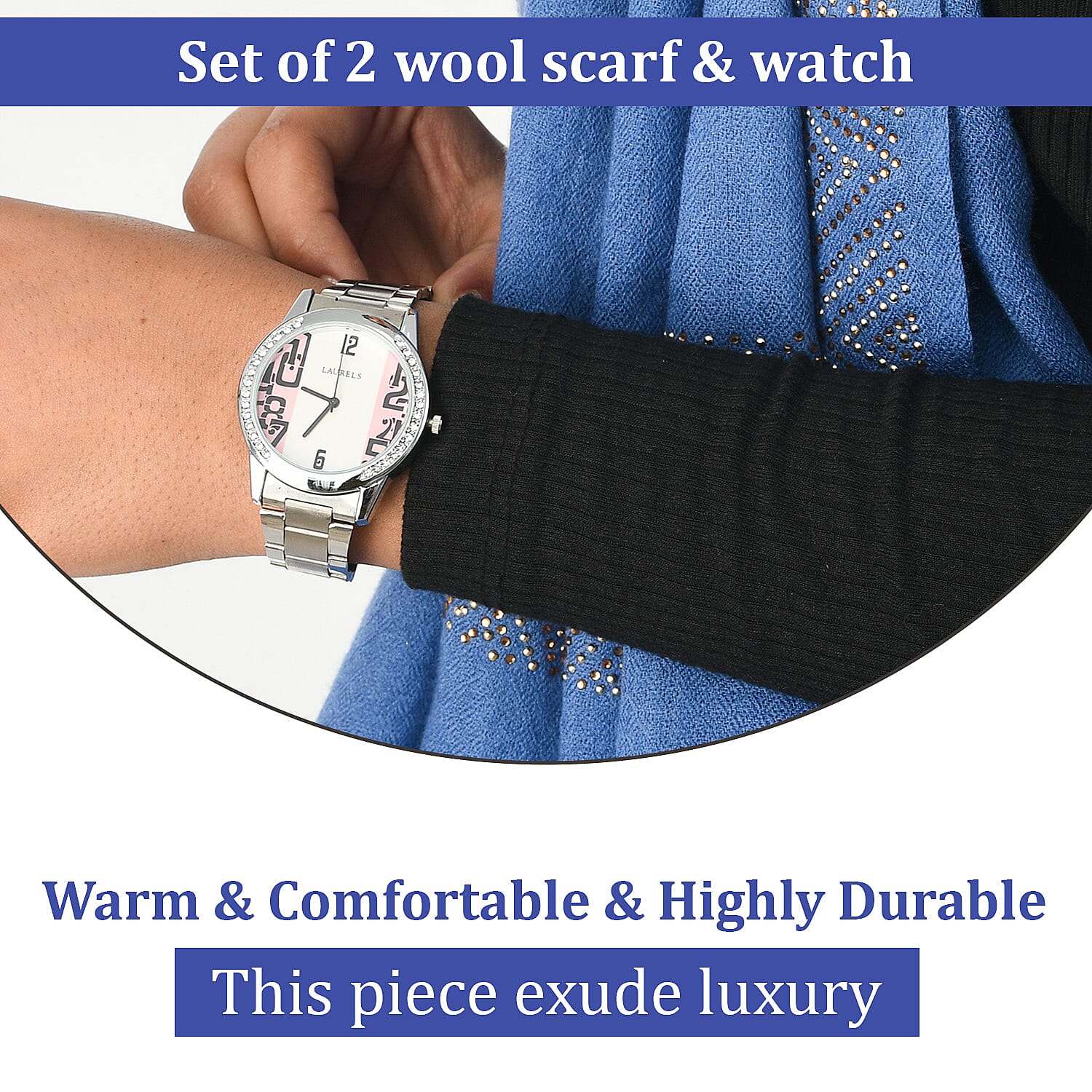 2 Piece Set - Merino Wool Scarf with SIlk Embroidery (200x60) and Rhinestone Wrist Watch in a Gift Box - Blue