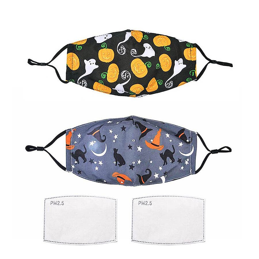 Set of 2 - Washable and Reusable Double Layer Halloween Pumpkin Ghosts/Witches Hat Cat Face Covering with Cotton Filters (Size 20x14.5 Cm)