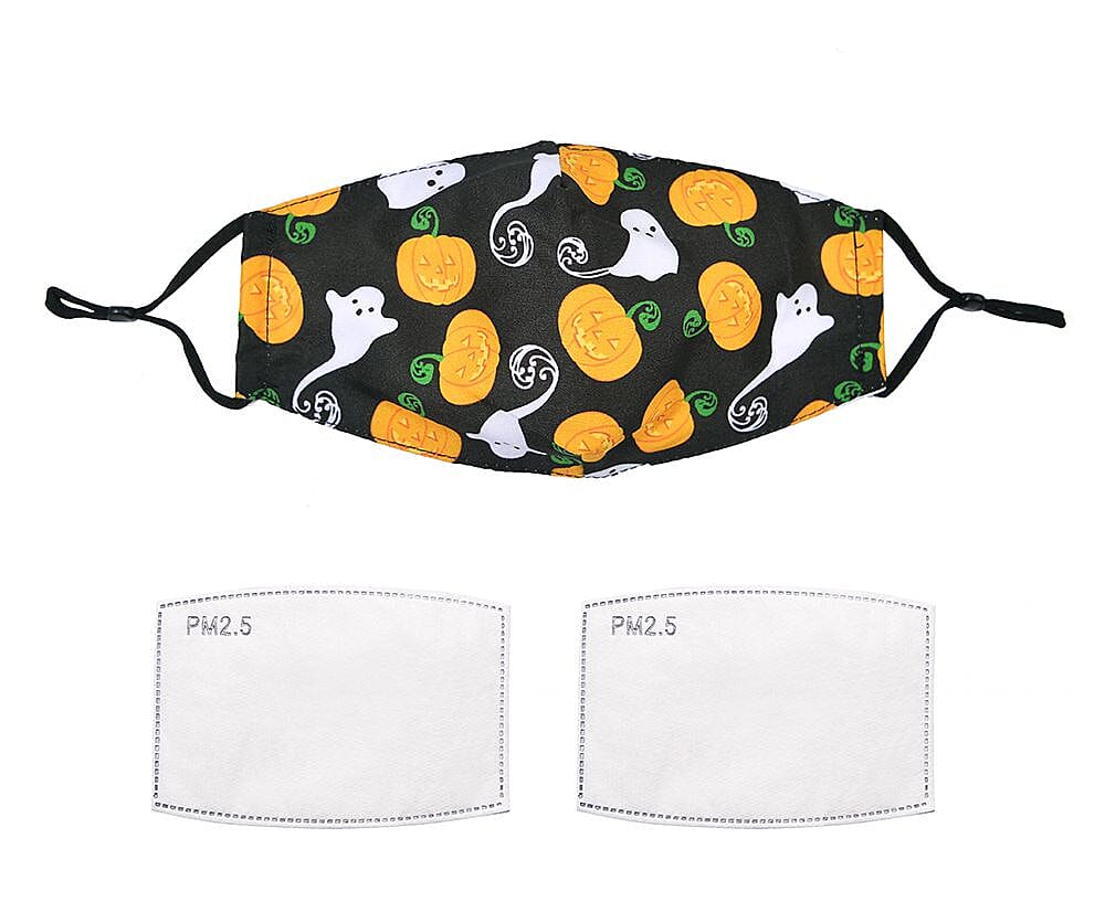 Set of 2 - Washable and Reusable Double Layer Halloween Pumpkin Ghosts/Witches Hat Cat Face Covering with Cotton Filters (Size 20x14.5 Cm)