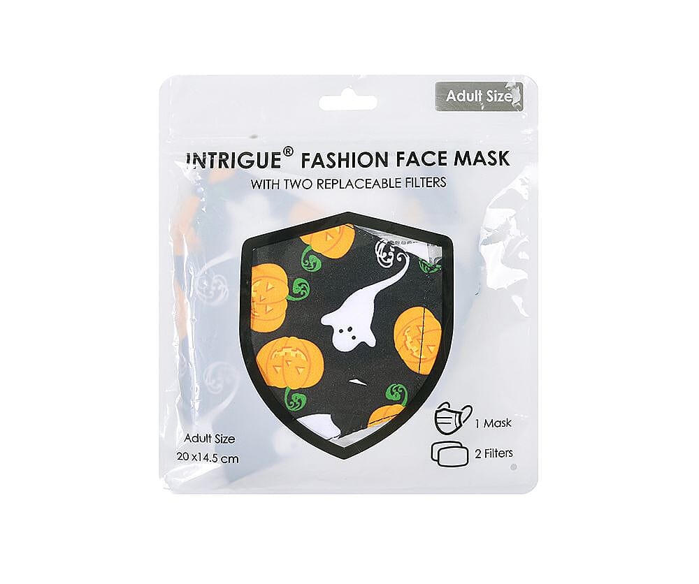 Set of 2 - Washable and Reusable Double Layer Halloween Pumpkin Ghosts/Witches Hat Cat Face Covering with Cotton Filters (Size 20x14.5 Cm)