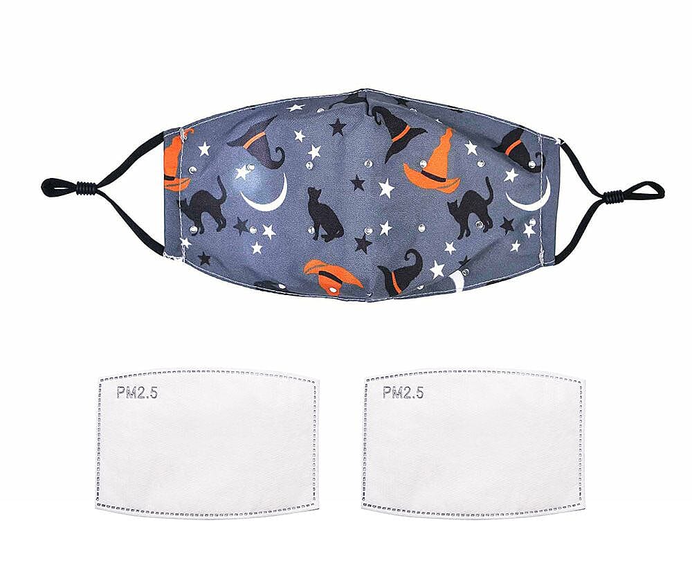 Set of 2 - Washable and Reusable Double Layer Halloween Pumpkin Ghosts/Witches Hat Cat Face Covering with Cotton Filters (Size 20x14.5 Cm)