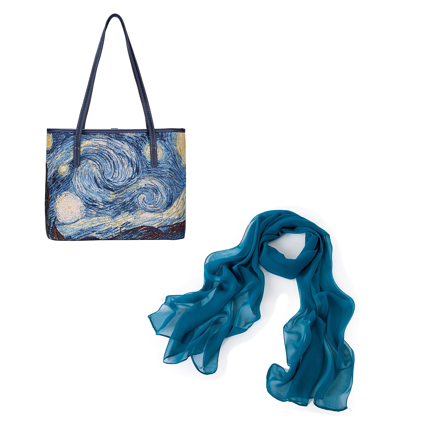 Signare Tapestry - Starry Night Artwork Tote Bag with Dark Blue Scarf