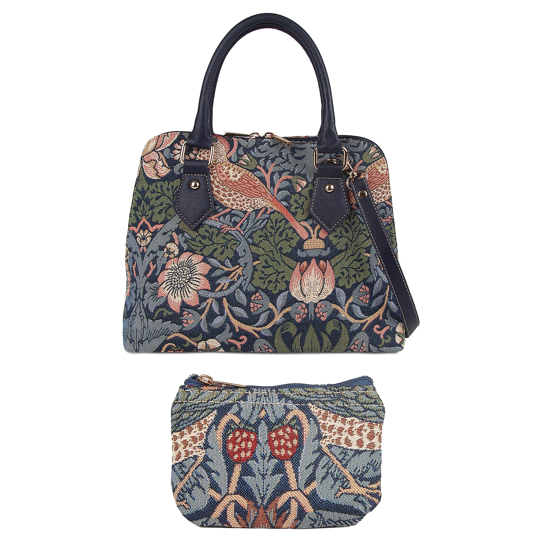 Signare Tapestry - Strawberry Theif Print Shoulder Bag with Coin Pouch - Blue