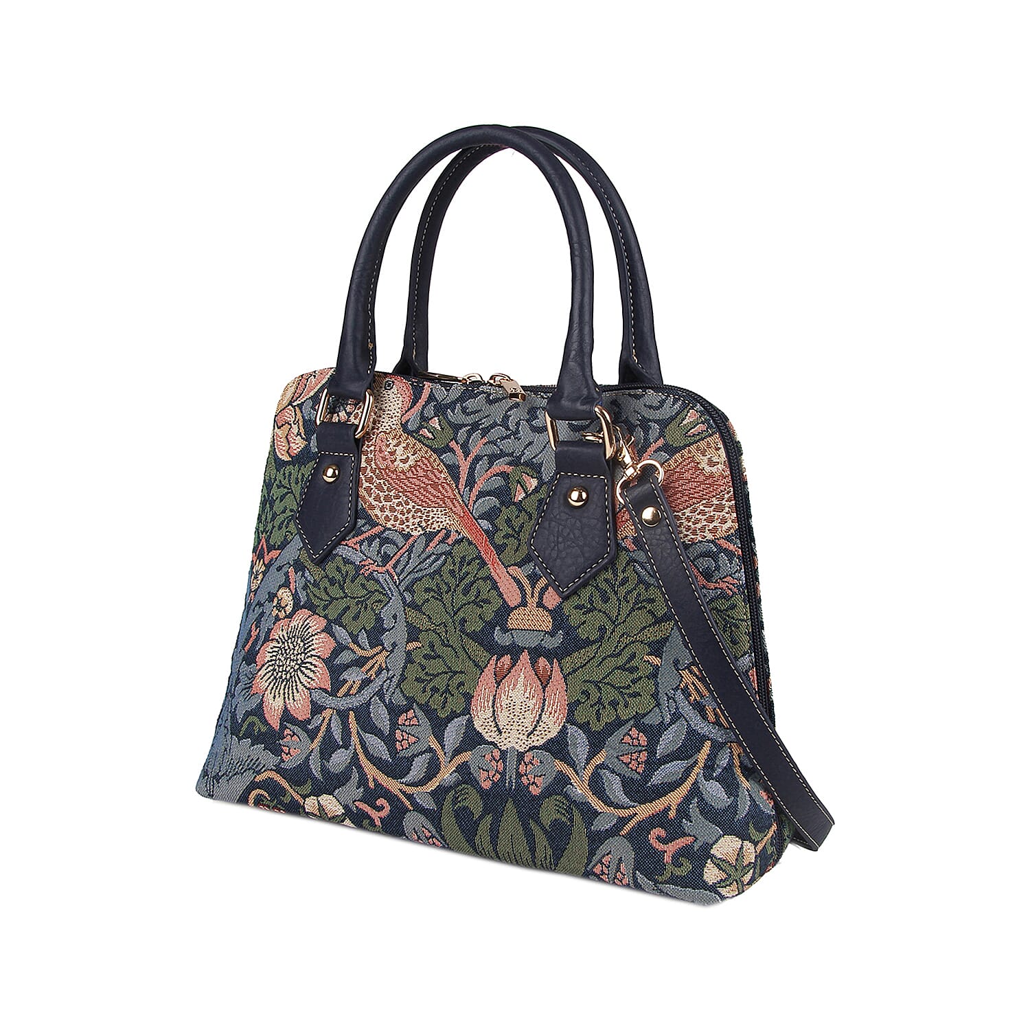 Signare Tapestry - Strawberry Theif Print Shoulder Bag with Coin Pouch - Blue