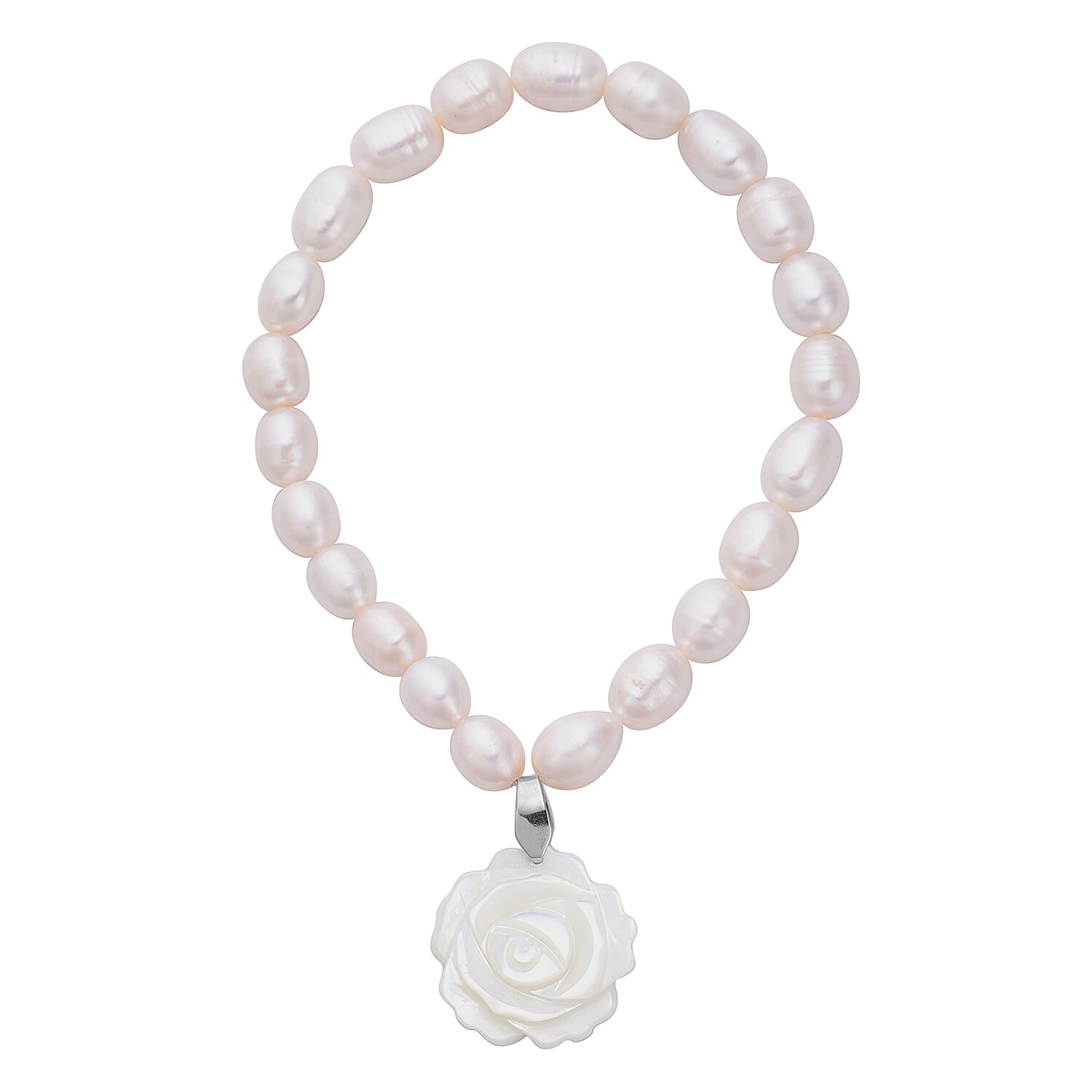 Carved Mother of Pearl and White Freshwater Pearl Stretchable Charm Bracelet (Size 7.5)