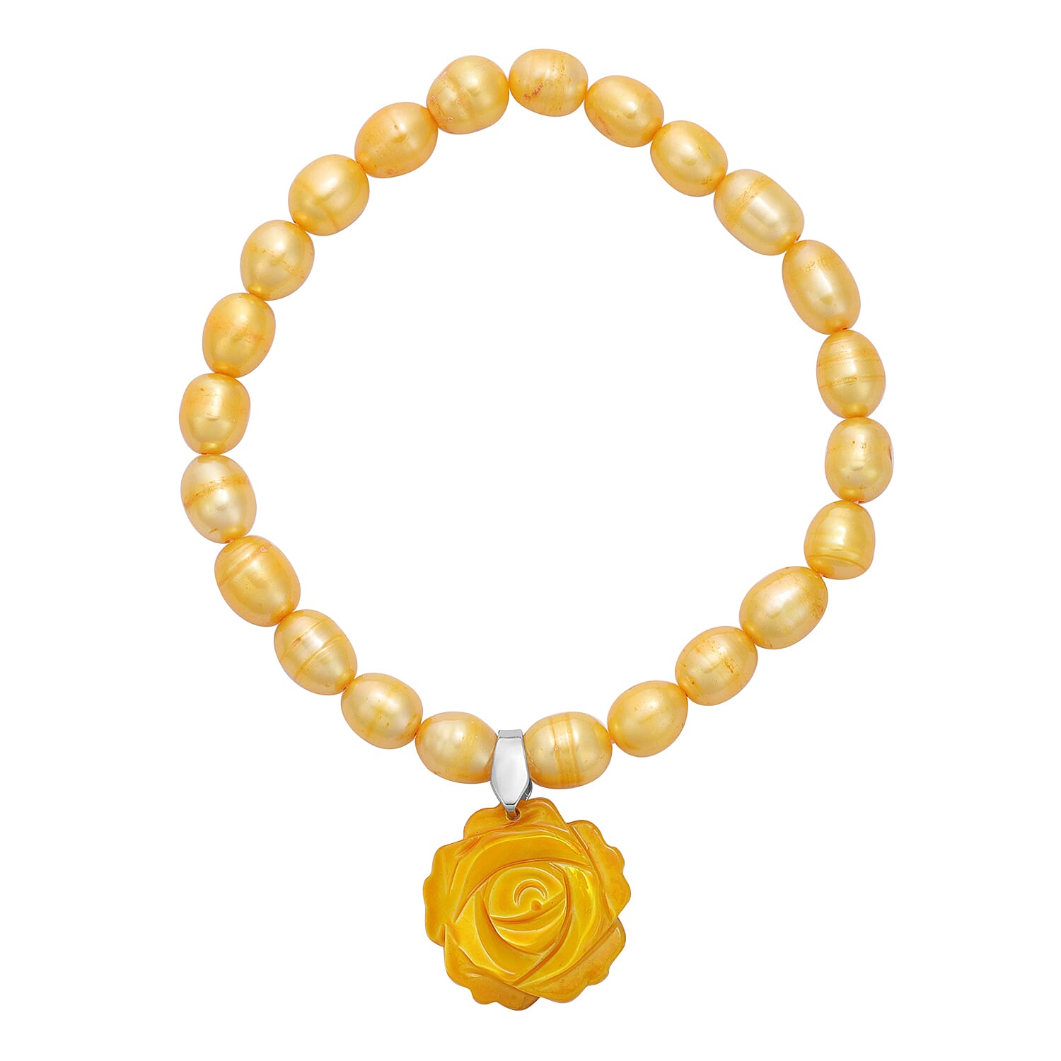 Carved Mother of Pearl and Golden Freshwater Pearl Stretchable Charm Bracelet (Size 7.5)