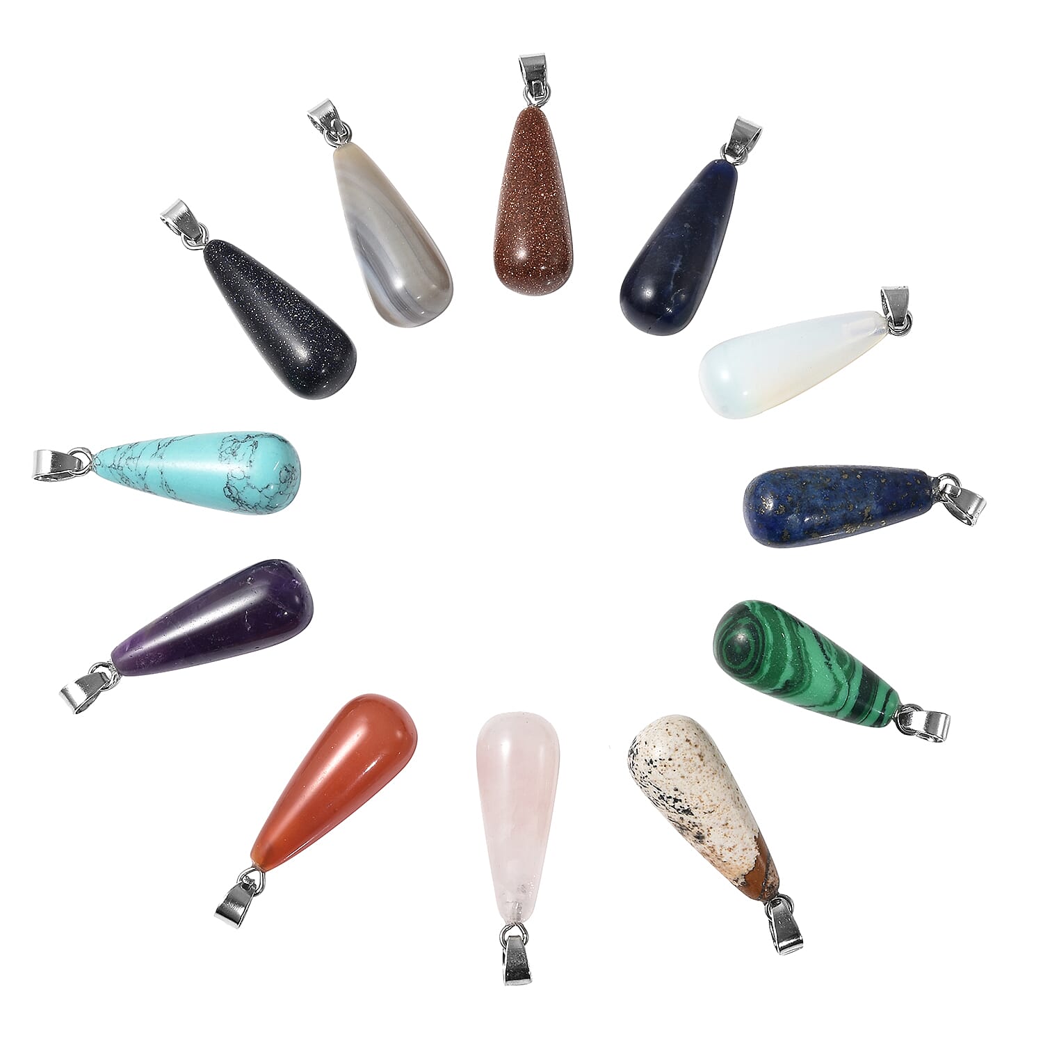 One Time Deal- Set of 12 - Malachite, Blue Howlite, Opalite and Multi Gemstones Long Drop Pendant in Silver Tone