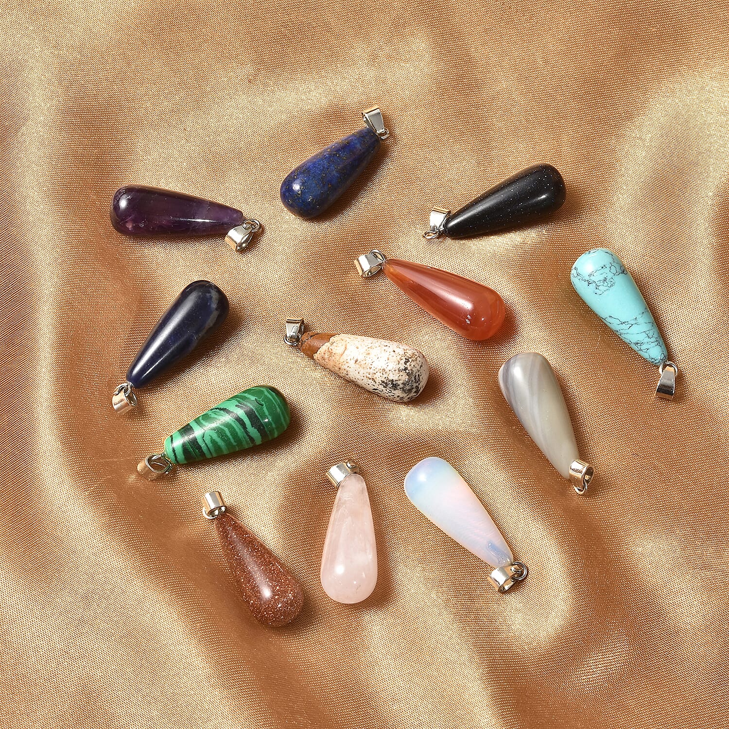 One Time Deal- Set of 12 - Malachite, Blue Howlite, Opalite and Multi Gemstones Long Drop Pendant in Silver Tone